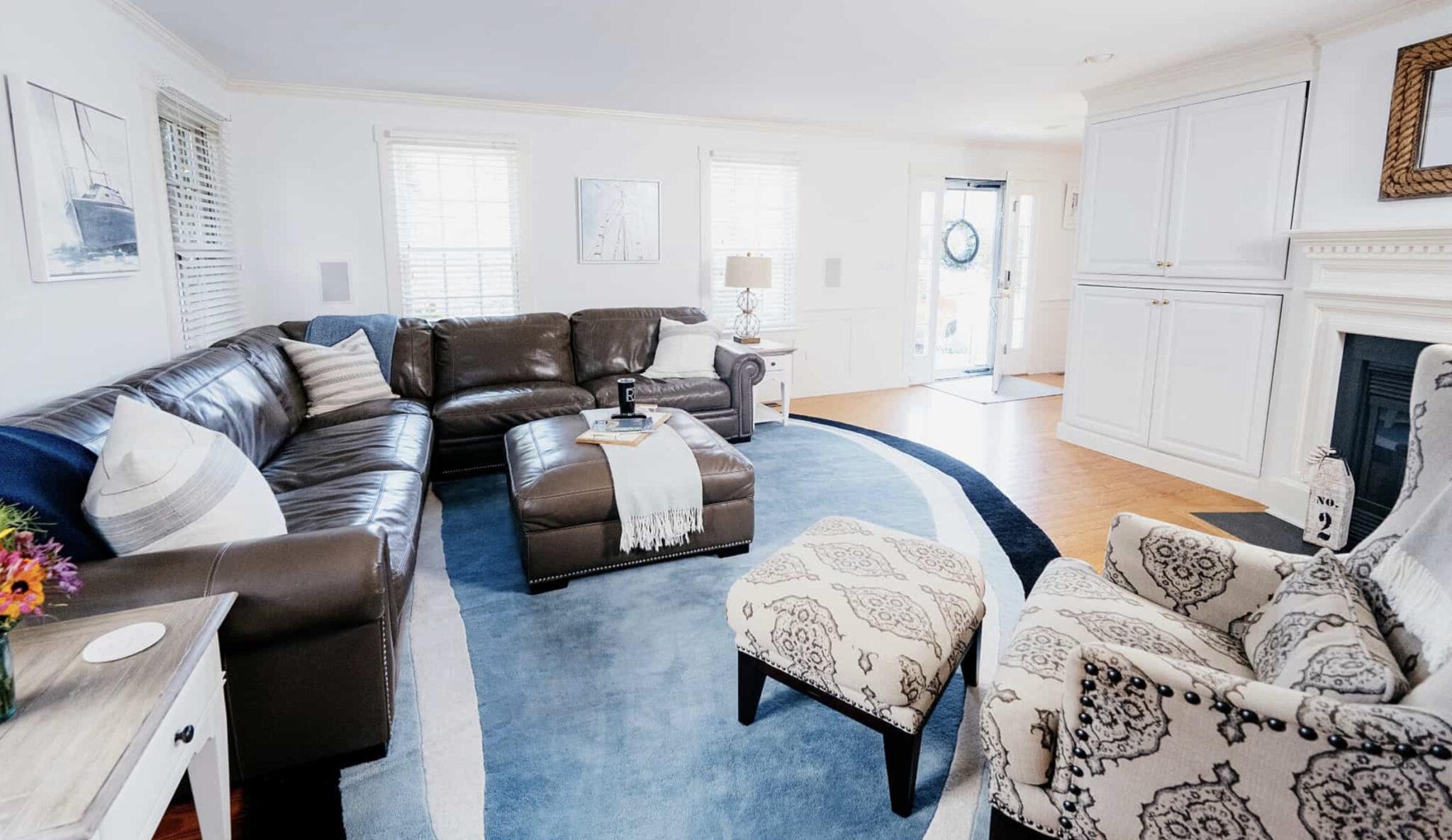 Nantucket Massachusetts family room custom woven rug leather couch accent chair built ins Nantucket Massachusetts family room custom woven rug leather couch accent chair built ins