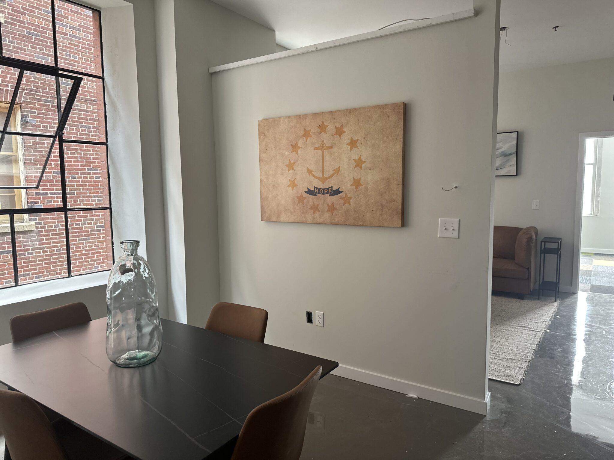 Custom rhode island wall decor of Rhode Island flag in dining room apartment Custom rhode island wall decor of Rhode Island flag in dining room apartment