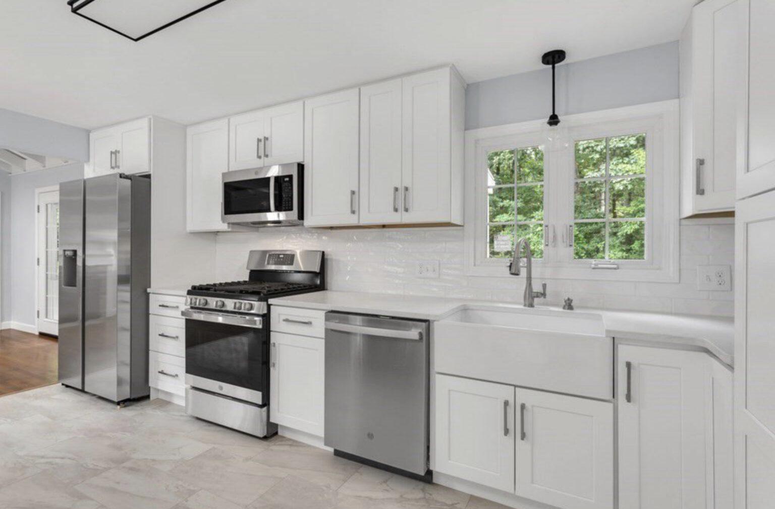 Updated modern kitchen colonial family home on a budget grey and white marble Franklin Massachusetts