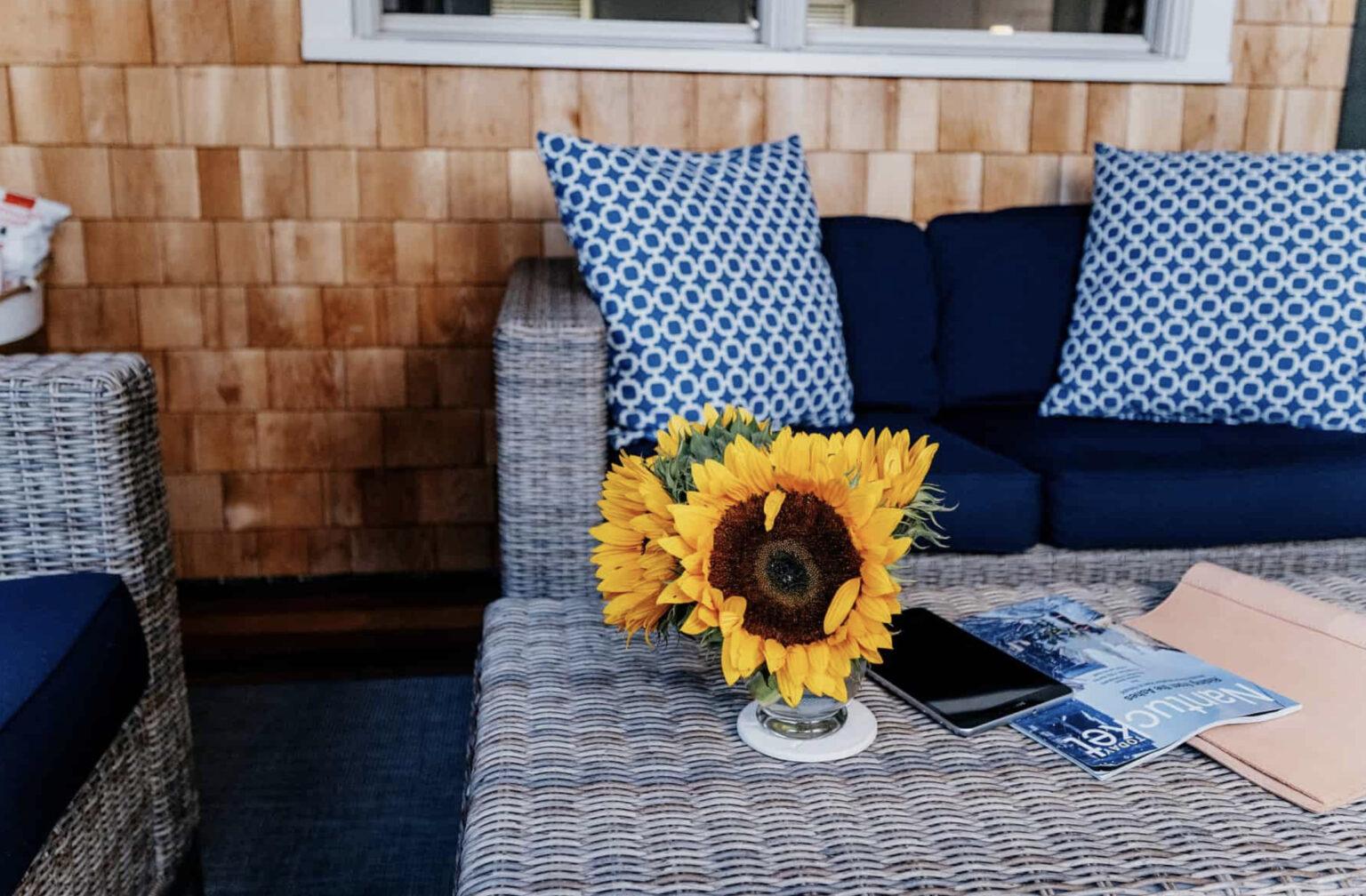 Screened in summer porch cedar shingles navy accents nantucket Massachusetts